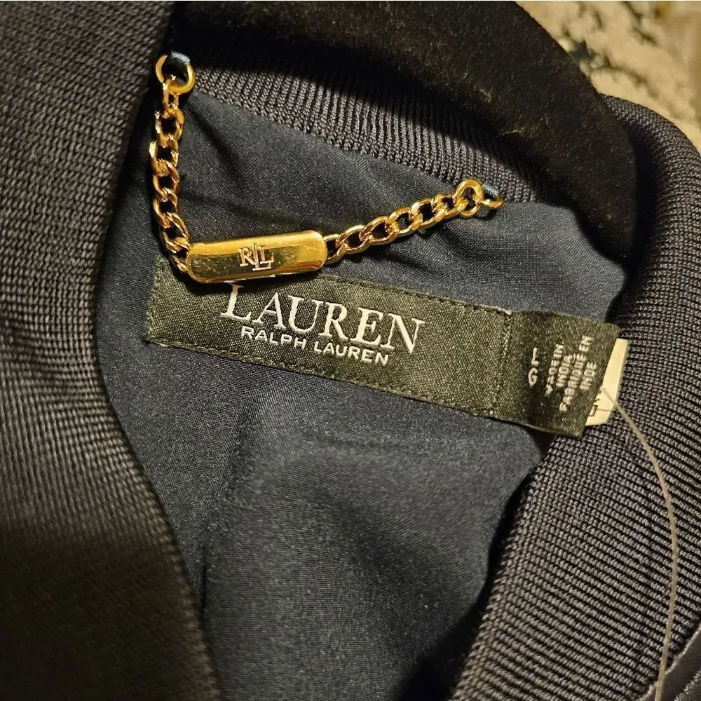 NWT‎ LAUREN RALPH LAUREN Dark Navy Stretch Leather Bomber Jacket - Size Large
